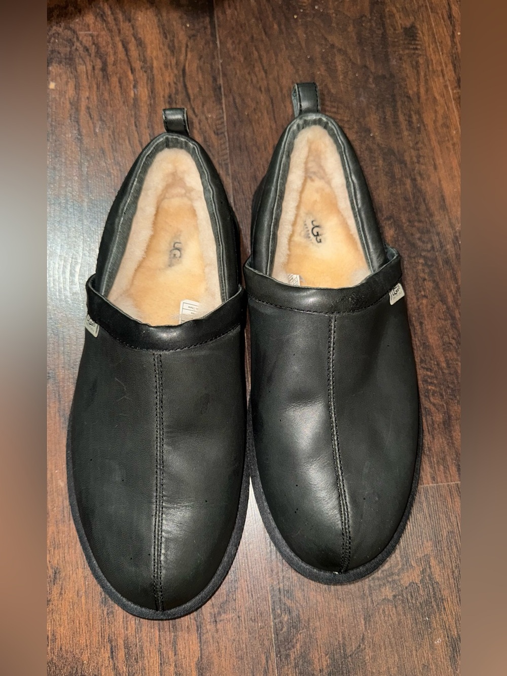 UGG Men’s Black Leather Slip-On Loafers with Shearling Lining